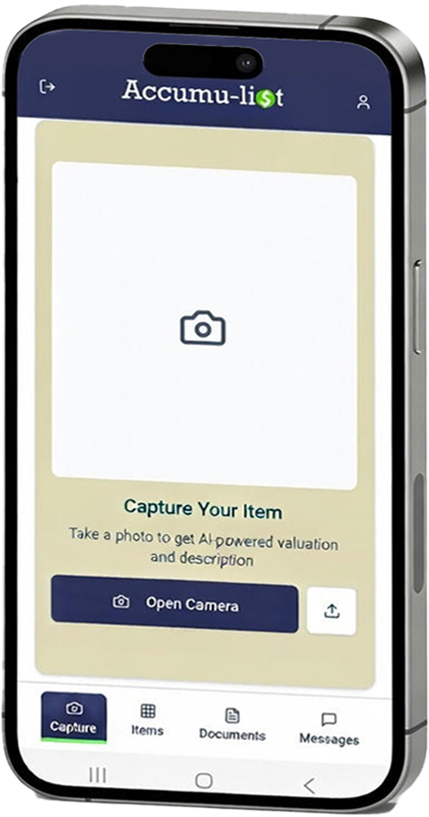 Accumulist app capture screen with camera placeholder and Open Camera button