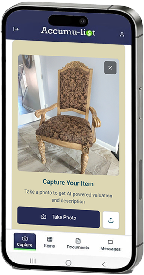 Accumulist app showing captured rocking chair photo with Take Photo button