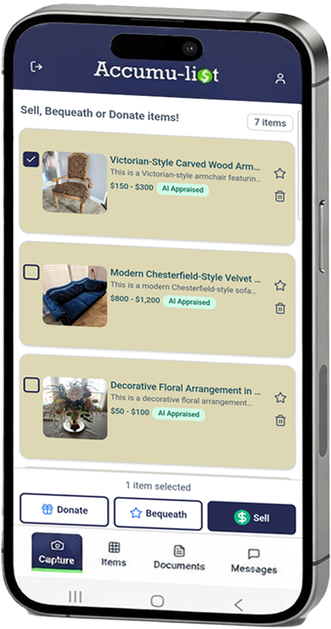 Accumulist app displaying items list with AI appraisals and Donate/Bequeath/Sell options