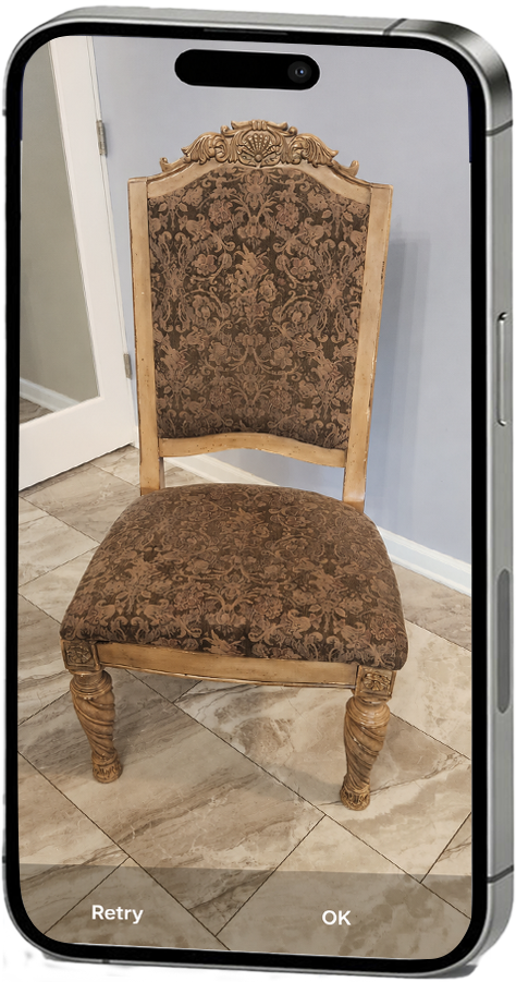 Accumu-list camera capturing a photo of an antique carved chair with Retry and OK buttons