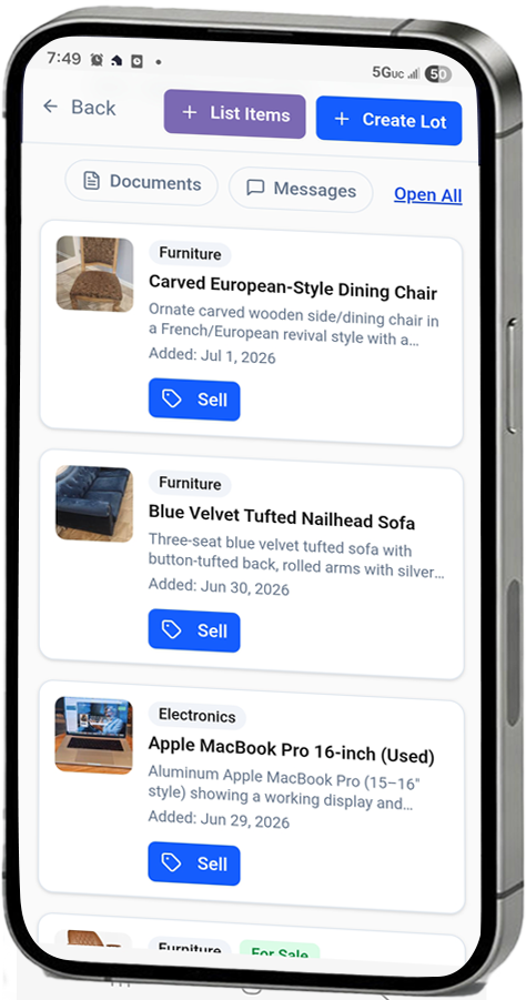 Accumu-list item list showing AI-appraised items with category badges and Sell buttons