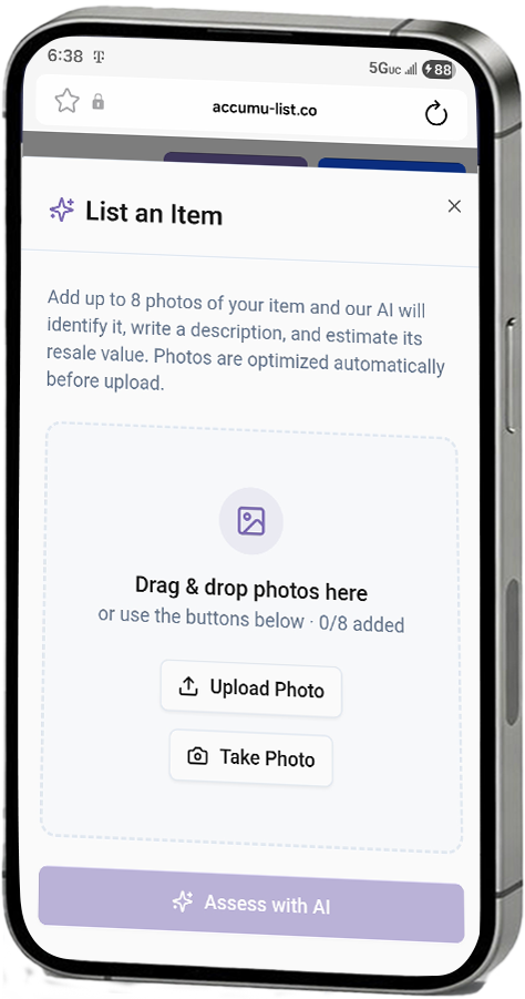 Accumu-list List an Item screen with drag and drop photo area, Upload Photo and Take Photo buttons, and Assess with AI